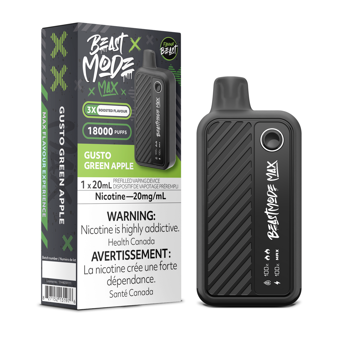Gusto Green Apple Vape - Flavour Beast Beast Mode Max 18K Disposable