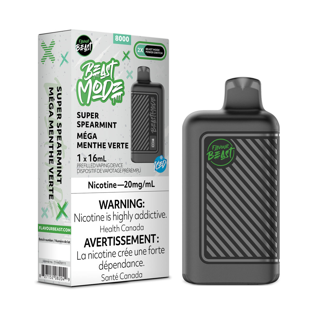 Super Spearmint Iced Vape -Flavour Beast Beast Mode 8K Disposable