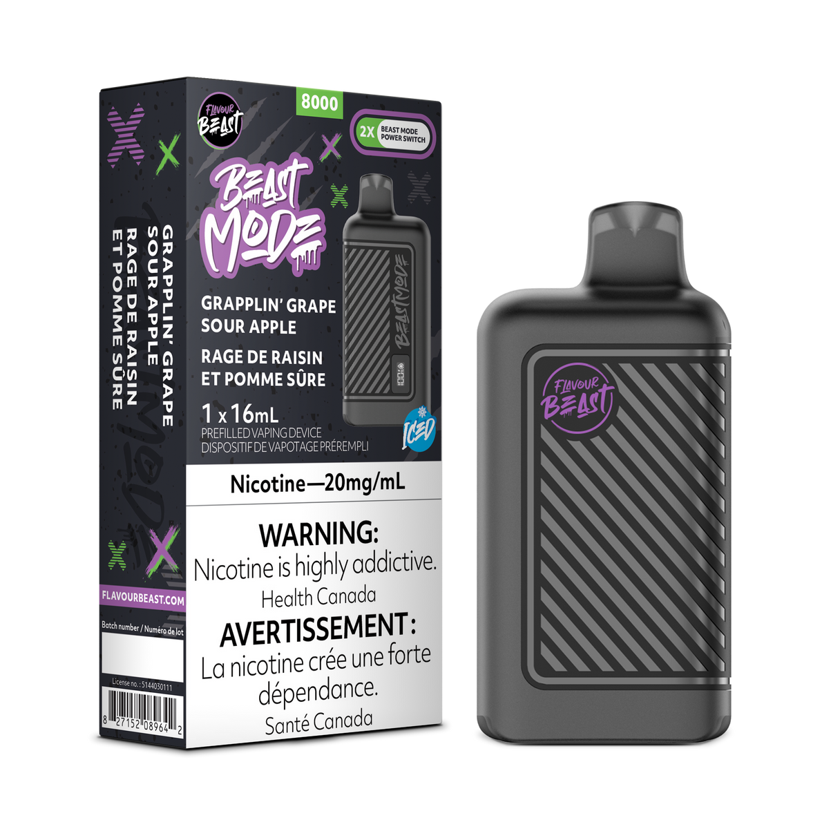 Grapplin' Grape Sour Apple Iced Vape - Flavour Beast Beast Mode 8K Disposable