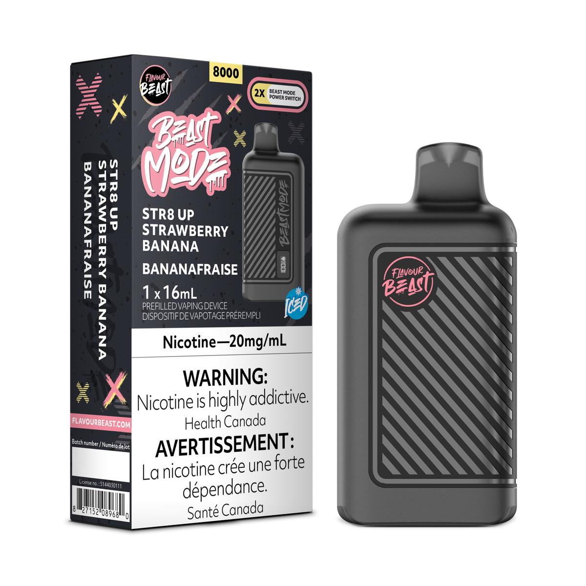 Str8 Up Strawberry Banana Iced Vape - Flavour Beast Beast Mode 8K Disposable